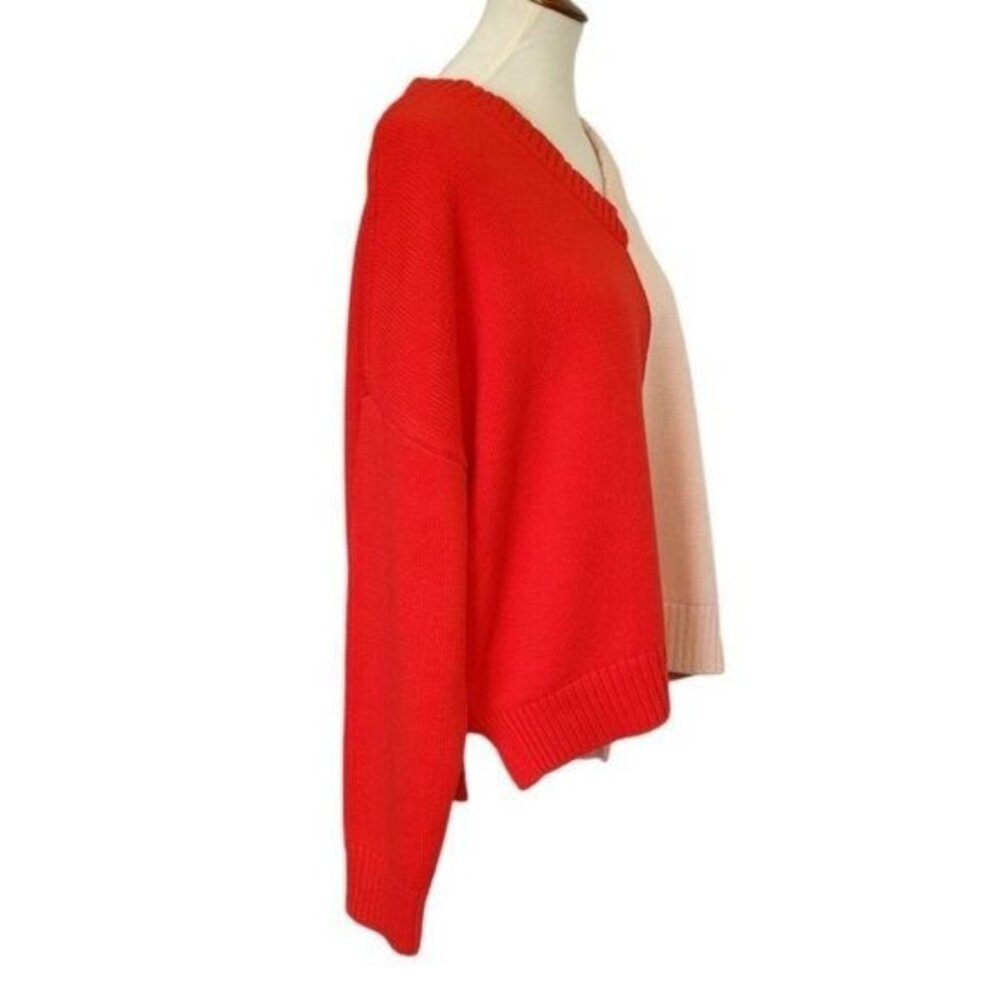 Kerri Rosenthal Sweater M Cotton Red Pink Colorblock Radiant Heart V-Neck NEW - Picture 6 of 16